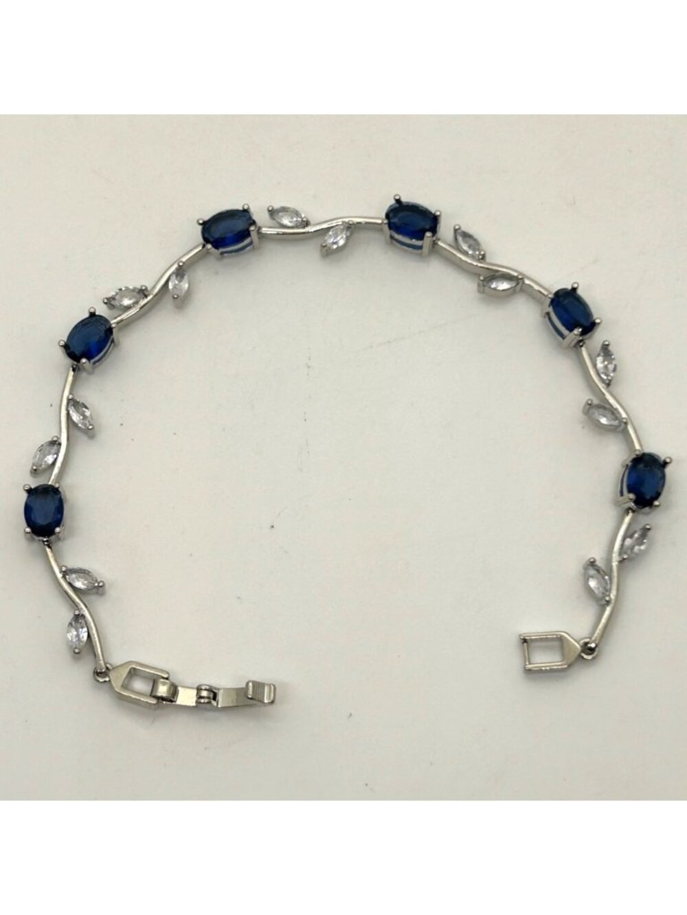 Silver Tone Blue Cubic Zirconia Leaf Vine Tennis Bracelet Bridal Crystal
